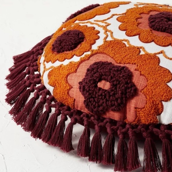 Opalhouse × Jungalow Embroidered Orange Maroon Floral Round Throw Pillow Tassel - Picture 3 of 6